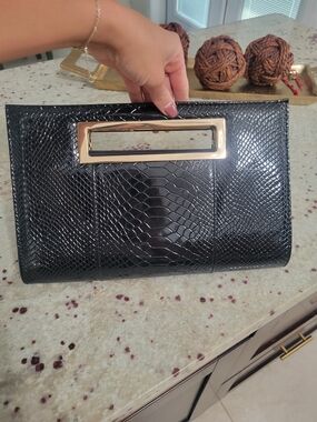 Black Faux-Snakeskin Clutch with Gold Handle